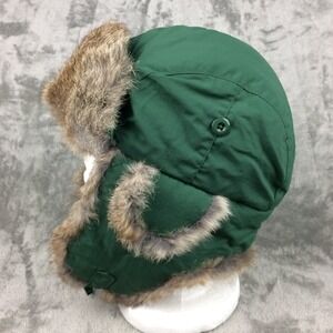Crown Cap Trapper Hat Rabbit Fur Lined‎ Green Nylon Mens XL Canada Ear Flaps
